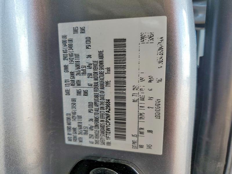 Продаж на аукціоні авто 2022 Ford F150, vin: 1FTEW1CP2NFA29684, номер лоту: 52521636