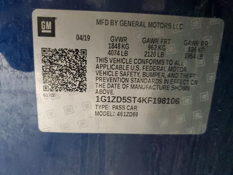 54059116 :رقم المزاد ، 1G1ZD5ST4KF198106 vin ، 2019 Chevrolet Malibu مزاد بيع