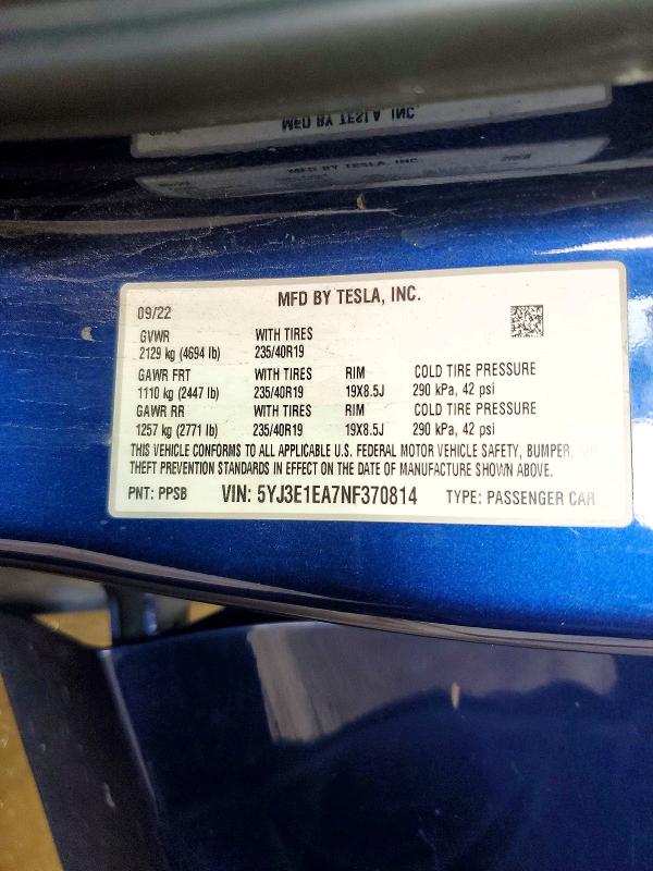 Продажа на аукционе авто 2022 Tesla Model 3, vin: 5YJ3E1EA7NF370814, номер лота: 55242226