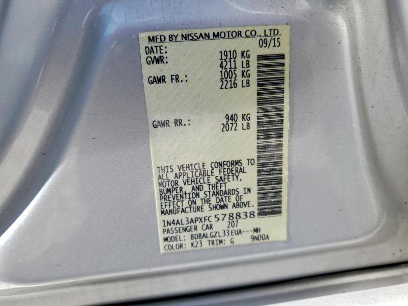 2015 Nissan Altima მანქანა იყიდება აუქციონზე, vin: 1N4AL3APXFC578838, აუქციონის ნომერი: 54703446