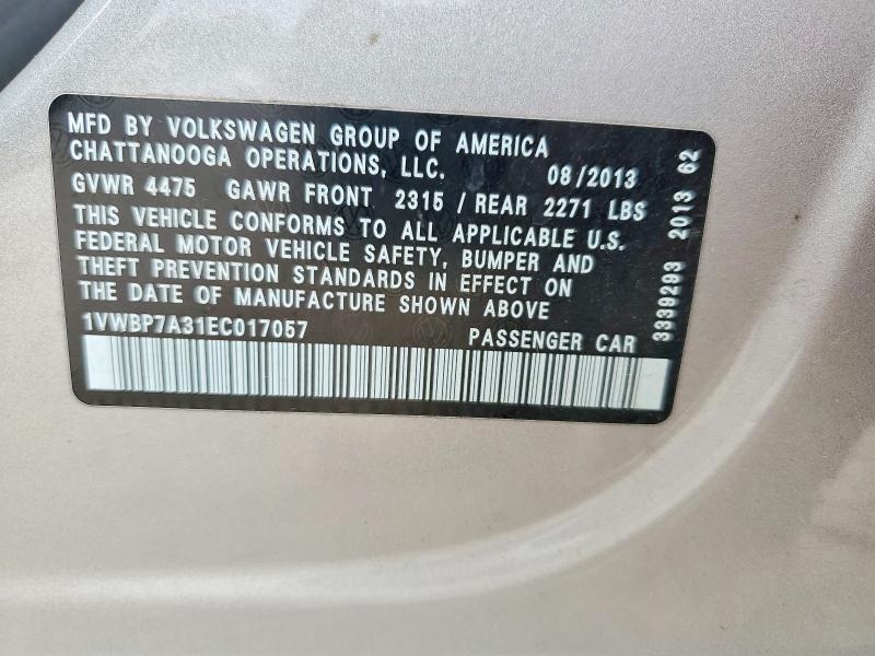 Aukcja sprzedaży 2014 Volkswagen Passat, vin: 1VWBP7A31EC017057, numer aukcji: 52906676
