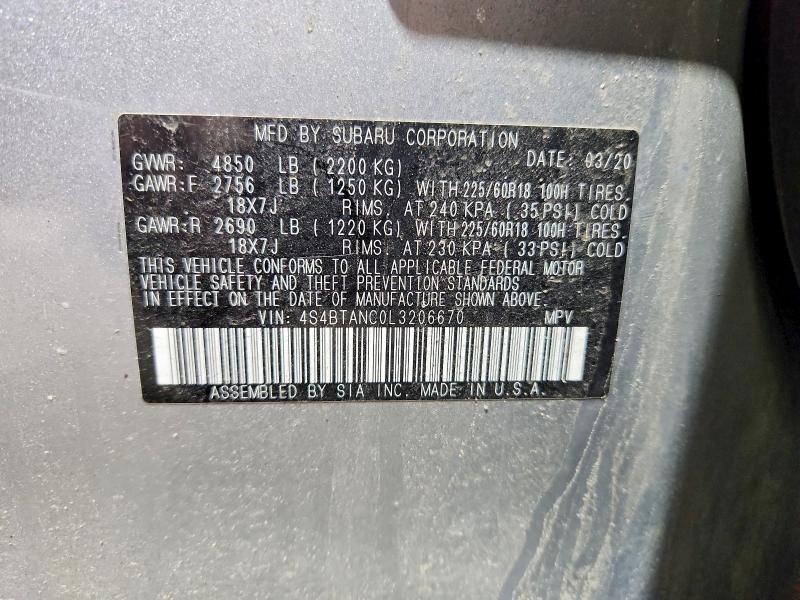 2020 Subaru Outback მანქანა იყიდება აუქციონზე, vin: 4S4BTANC0L3206670, აუქციონის ნომერი: 51432626