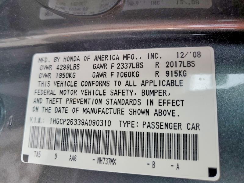 54493056 :رقم المزاد ، 1HGCP26339A090310 vin ، 2009 Honda Accord مزاد بيع