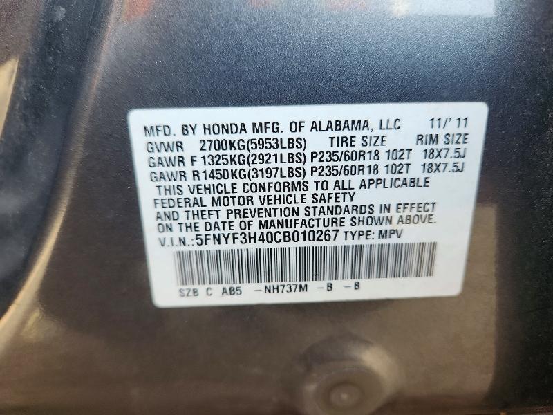 Продаж на аукціоні авто 2012 Honda Pilot, vin: 5FNYF3H40CB010267, номер лоту: 54548546