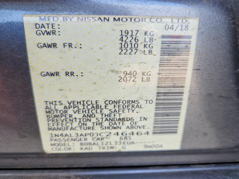 2018 Nissan Altima მანქანა იყიდება აუქციონზე, vin: 1N4AL3AP0JC246464, აუქციონის ნომერი: 53767006