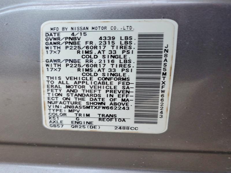 2015 Nissan Rogue Select მანქანა იყიდება აუქციონზე, vin: JN8AS5MTXFW662243, აუქციონის ნომერი: 55284236