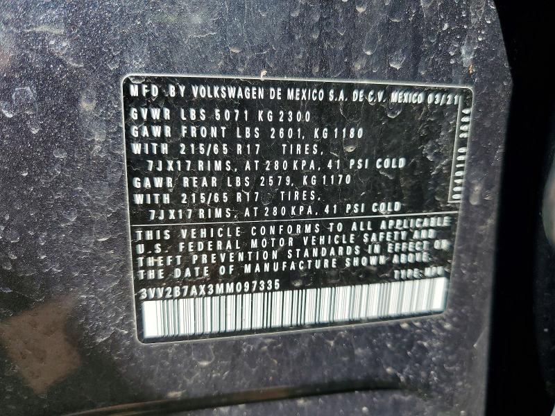 Aukcja sprzedaży 2021 Volkswagen Tiguan, vin: 3VV2B7AX3MM097335, numer aukcji: 51944756