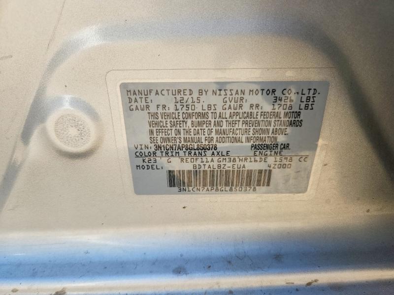 2016 Nissan Versa მანქანა იყიდება აუქციონზე, vin: 3N1CN7AP8GL850378, აუქციონის ნომერი: 55219866