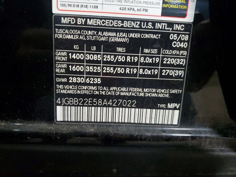 2008 Mercedes-benz Ml მანქანა იყიდება აუქციონზე, vin: 4JGBB22E58A427022, აუქციონის ნომერი: 52497426