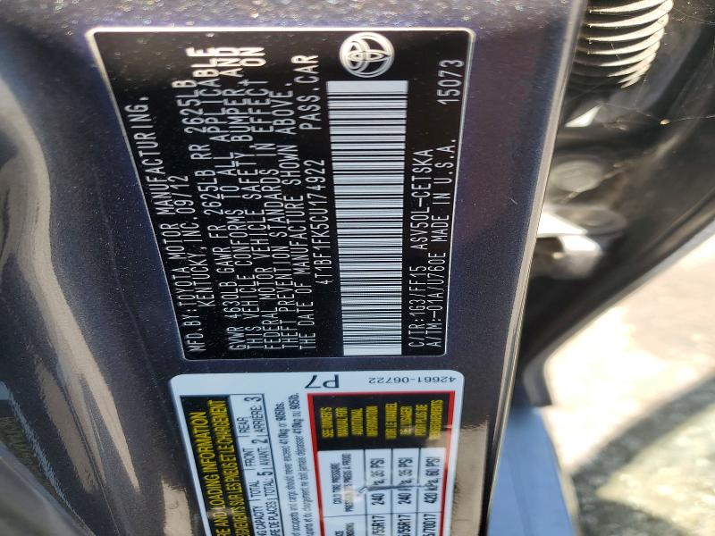 Aukcja sprzedaży 2012 Toyota Camry, vin: 4T1BF1FK5CU174922, numer aukcji: 52947796