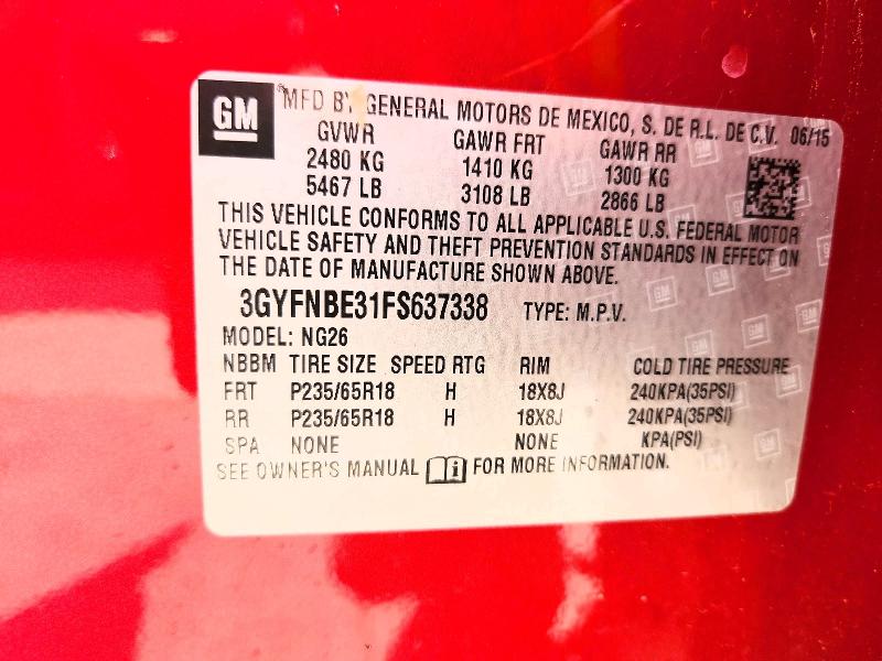 55567746 :رقم المزاد ، 3GYFNBE31FS637338 vin ، 2015 Cadillac Srx مزاد بيع