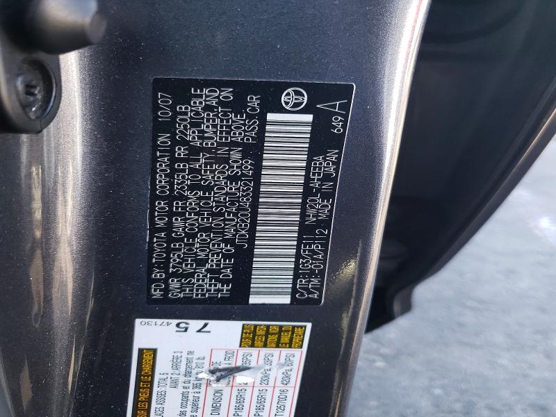 Aukcja sprzedaży 2008 Toyota Prius, vin: JTDKB20U483321499, numer aukcji: 53054296