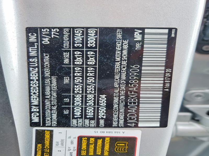 Aukcja sprzedaży 2015 Mercedes-benz Ml, vin: 4JGDA0EBXFA589906, numer aukcji: 54729496