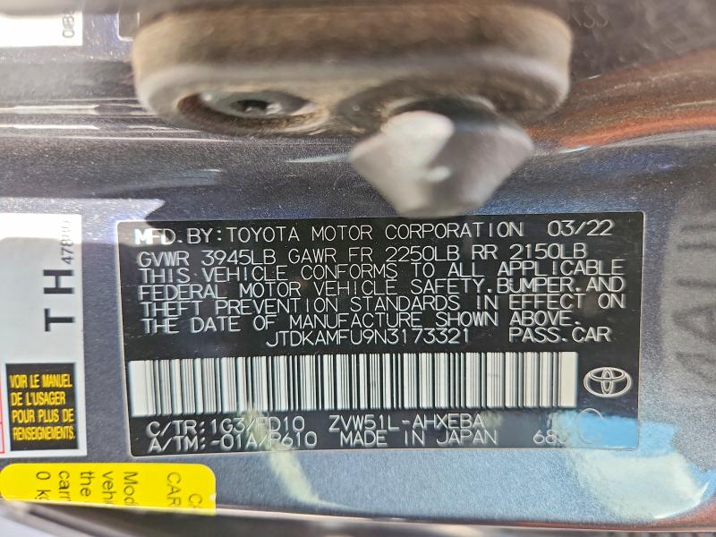 Aukcja sprzedaży 2022 Toyota Prius, vin: JTDKAMFU9N3173321, numer aukcji: 52191906