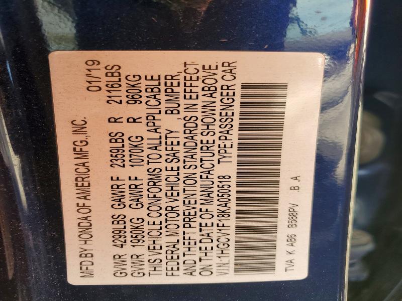 2019 Honda Accord მანქანა იყიდება აუქციონზე, vin: 1HGCV1F18KA050518, აუქციონის ნომერი: 52353506