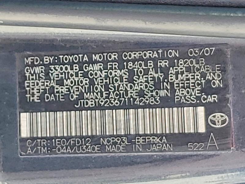 53995476 :رقم المزاد ، JTDBT923671142983 vin ، 2007 Toyota Yaris مزاد بيع