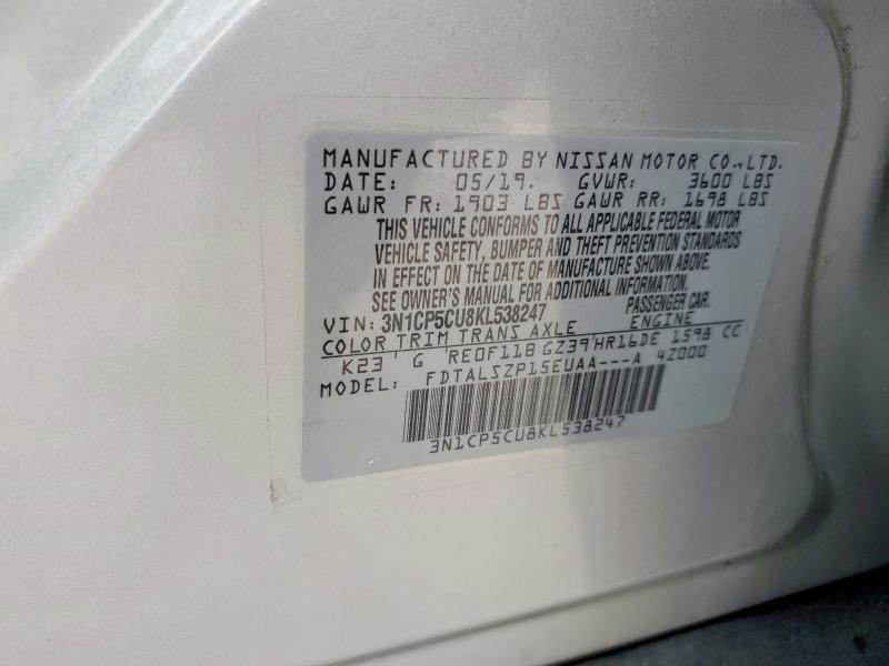 54248466 :رقم المزاد ، 3N1CP5CU8KL538247 vin ، 2019 Nissan Kicks مزاد بيع