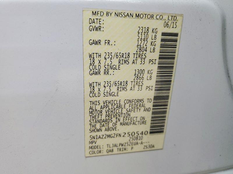 53526056 :رقم المزاد ، 5N1AZ2MG2FN250540 vin ، 2015 Nissan Murano مزاد بيع