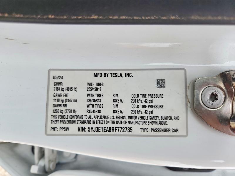 Auction sale of the 2024 Tesla Model 3, vin: 5YJ3E1EA8RF772735, lot number: 55046496