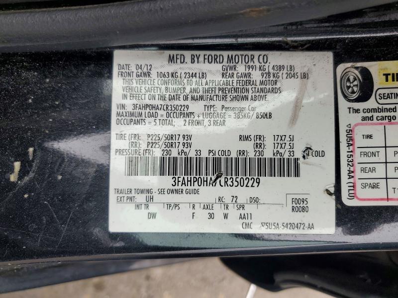 Продаж на аукціоні авто 2012 Ford Fusion, vin: 3FAHP0HA7CR350229, номер лоту: 52234256