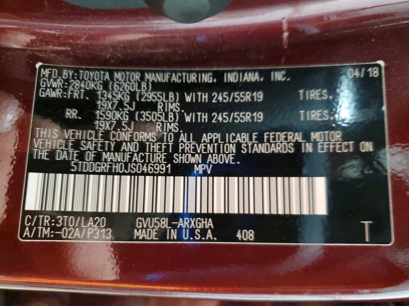 54510356 :رقم المزاد ، 5TDDGRFH0JS046991 vin ، 2018 Toyota Highlander Hybrid مزاد بيع