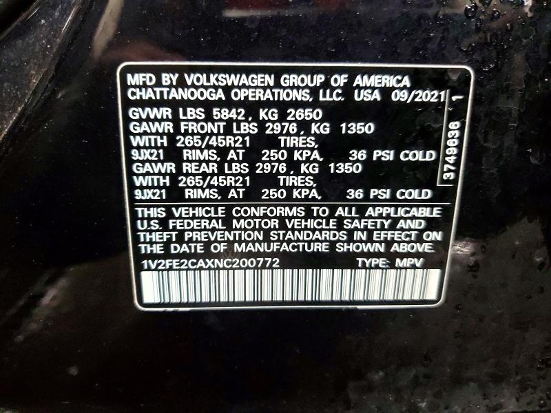 54873816 :رقم المزاد ، 1V2FE2CAXNC200772 vin ، 2022 Volkswagen Atlas Cross Sport مزاد بيع