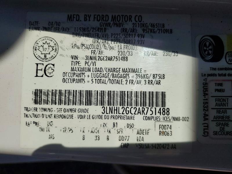 55108876 :رقم المزاد ، 3LNHL2GC2AR751488 vin ، 2010 Lincoln Mkz مزاد بيع