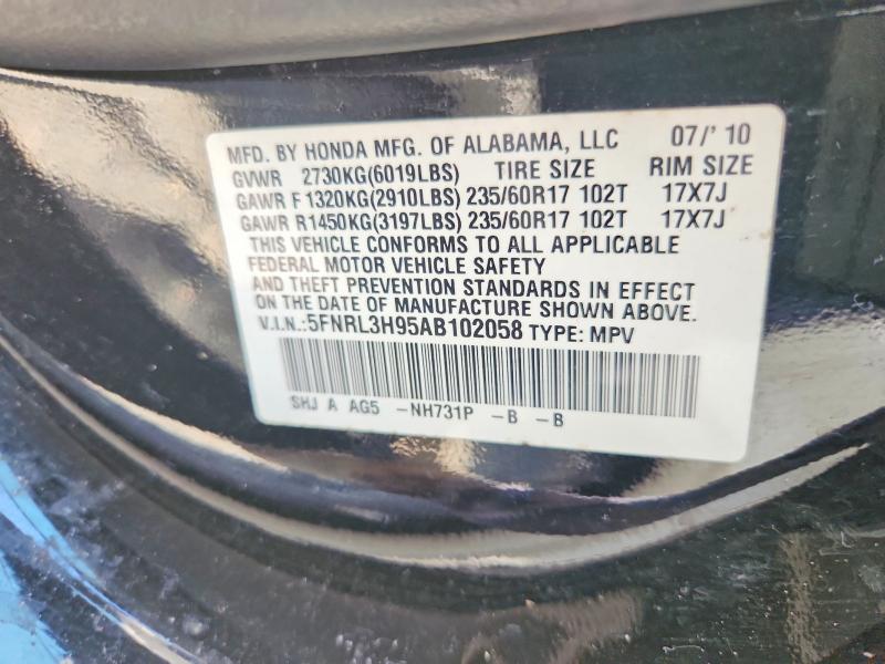 54439336 :رقم المزاد ، 5FNRL3H95AB102058 vin ، 2010 Honda Oddyssey مزاد بيع