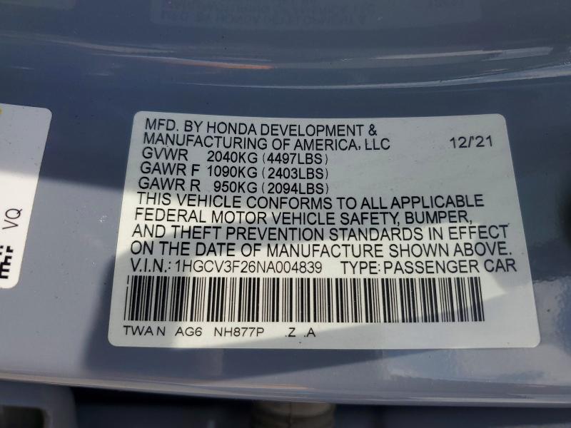 2022 Honda Accord მანქანა იყიდება აუქციონზე, vin: 1HGCV3F26NA004839, აუქციონის ნომერი: 54862526