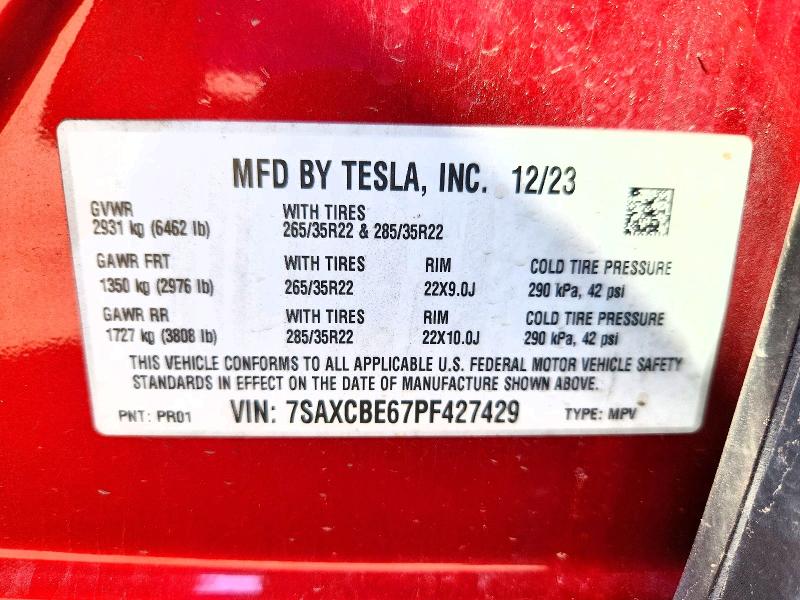 2023 Tesla Model X მანქანა იყიდება აუქციონზე, vin: 7SAXCBE67PF427429, აუქციონის ნომერი: 52030536