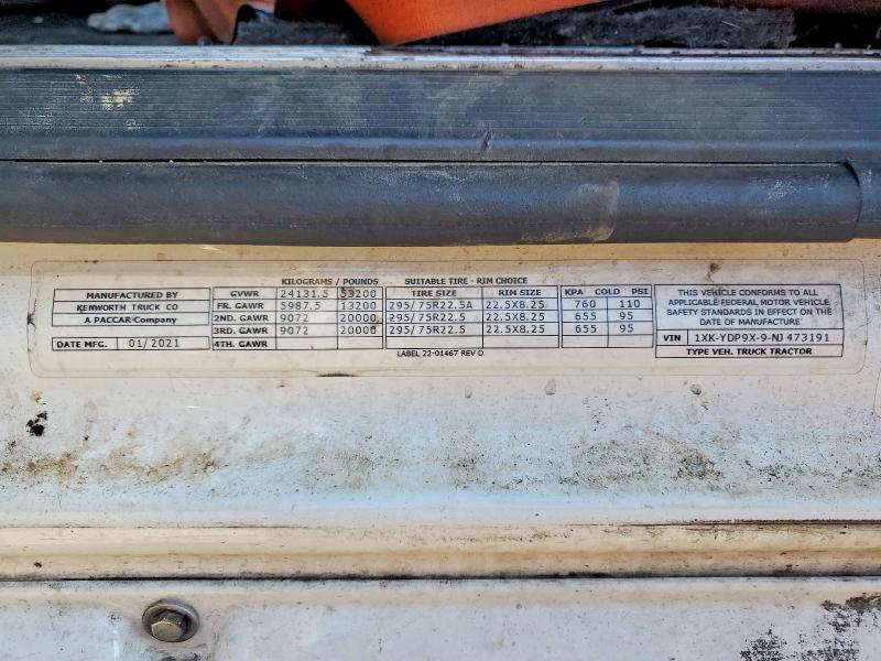 2022 Kenworth Construction მანქანა იყიდება აუქციონზე, vin: 1XKYDP9X9NJ473191, აუქციონის ნომერი: 52889726