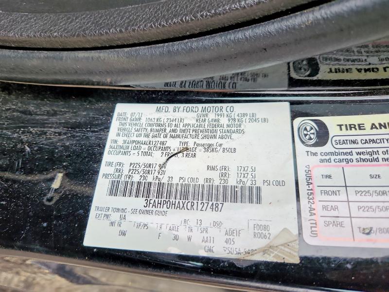 54092216 :رقم المزاد ، 3FAHP0HAXCR127487 vin ، 2012 Ford Fusion مزاد بيع