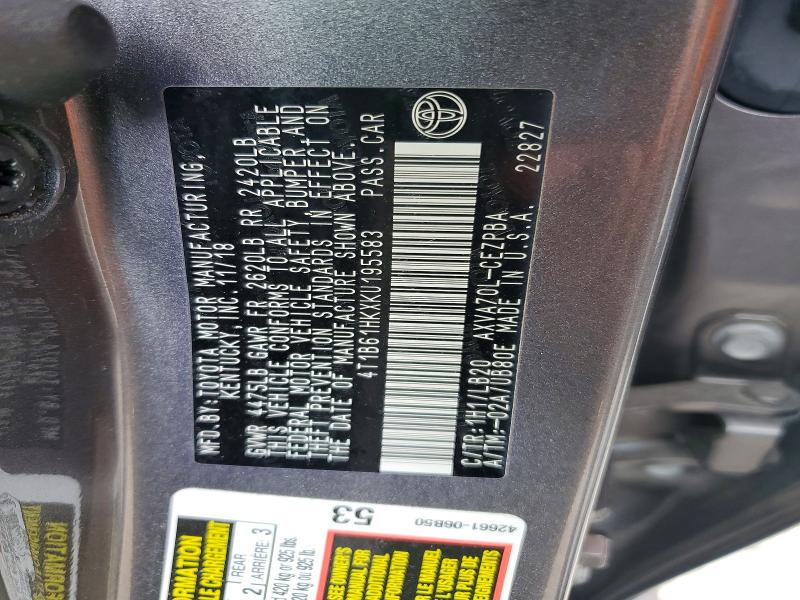 54787856 :رقم المزاد ، 4T1B61HKXKU195583 vin ، 2019 Toyota Camry مزاد بيع