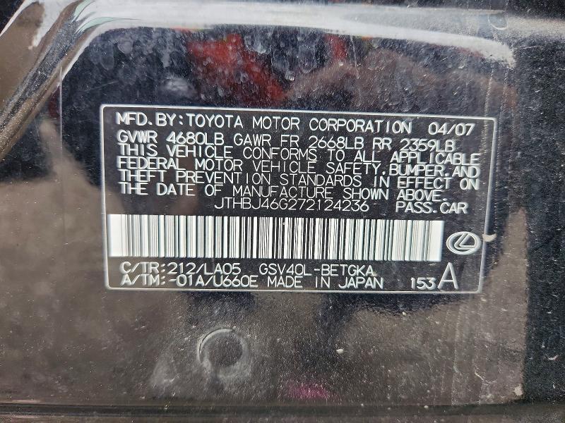 Aukcja sprzedaży 2007 Lexus Es, vin: JTHBJ46G272124236, numer aukcji: 52184066