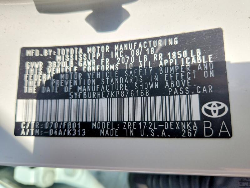 53042296 :رقم المزاد ، 5YFBURHE7KP876168 vin ، 2019 Toyota Corolla مزاد بيع