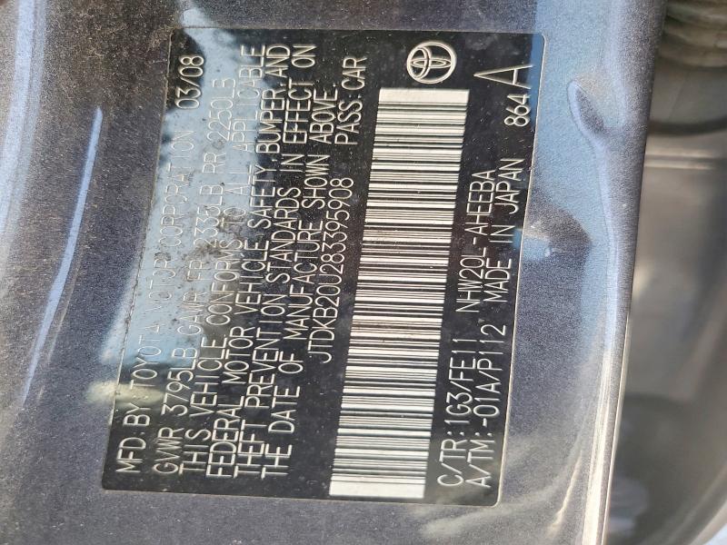 Aukcja sprzedaży 2008 Toyota Prius, vin: JTDKB20U283395908, numer aukcji: 53421316