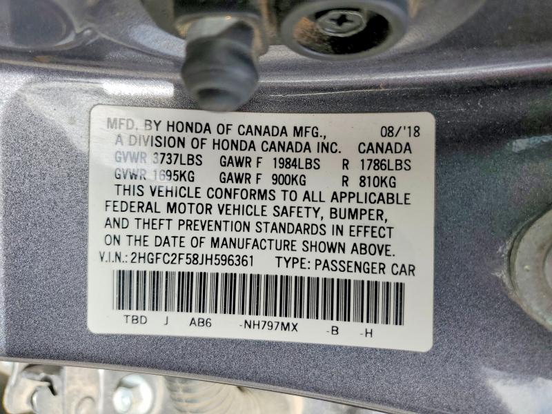 2018 Honda Civic მანქანა იყიდება აუქციონზე, vin: 2HGFC2F58JH596361, აუქციონის ნომერი: 55040286