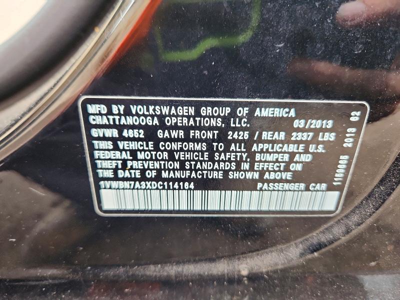 51327866 :رقم المزاد ، 1VWBN7A3XDC114164 vin ، 2013 Volkswagen Passat مزاد بيع