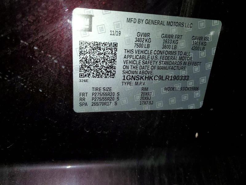 2020 Chevrolet Suburban მანქანა იყიდება აუქციონზე, vin: 1GNSKHKC9LR190333, აუქციონის ნომერი: 53986266