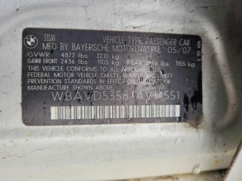 Продажа на аукционе авто 2007 Bmw 335, vin: WBAVD53587AV14551, номер лота: 52475696