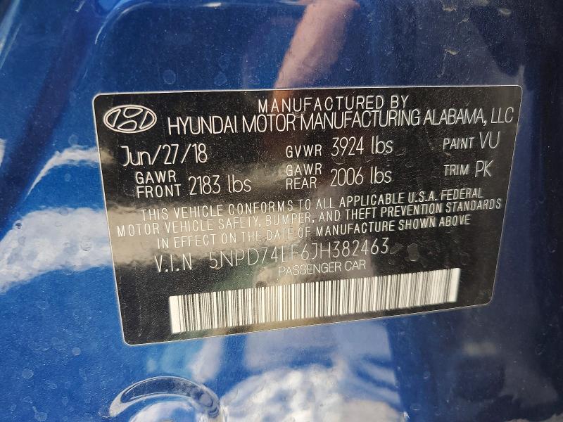 53113426 :رقم المزاد ، 5NPD74LF6JH382463 vin ، 2018 Hyundai Elantra مزاد بيع