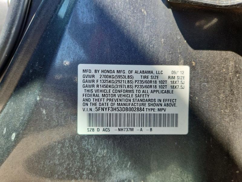 Продажа на аукционе авто 2013 Honda Pilot, vin: 5FNYF3H53DB002884, номер лота: 53653136