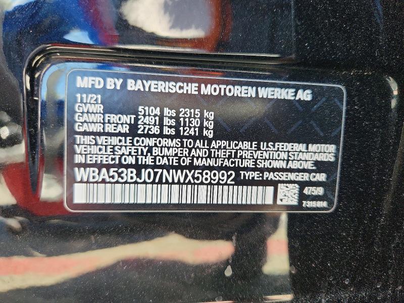 52734986 :رقم المزاد ، WBA53BJ07NWX58992 vin ، 2022 Bmw 540 مزاد بيع