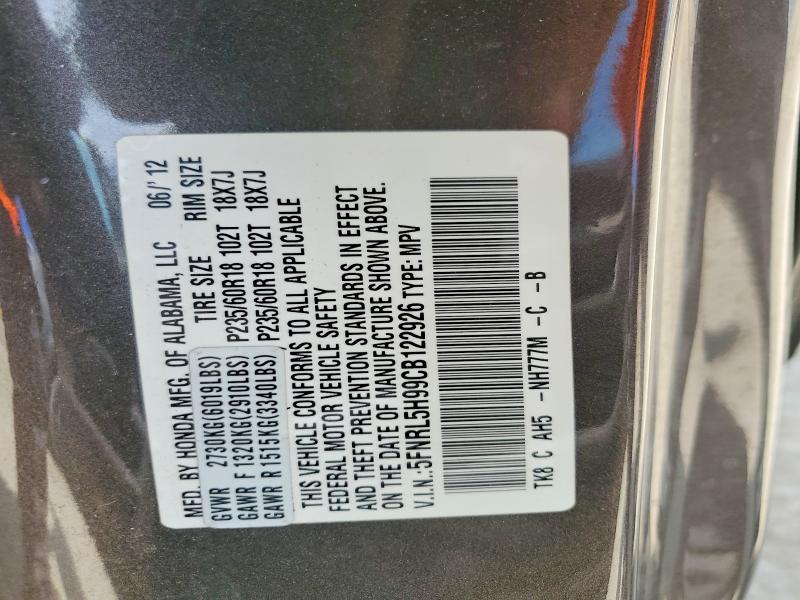 52457876 :رقم المزاد ، 5FNRL5H99CB122926 vin ، 2012 Honda Odyssey مزاد بيع
