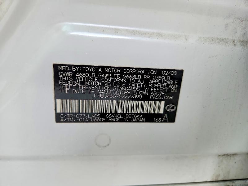 2008 Lexus Es მანქანა იყიდება აუქციონზე, vin: JTHBJ46G782222390, აუქციონის ნომერი: 54423806