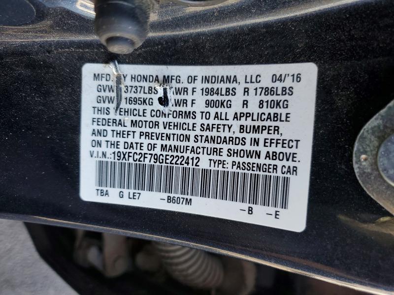 Auction sale of the 2016 Honda Civic, vin: 19XFC2F79GE222412, lot number: 55316346