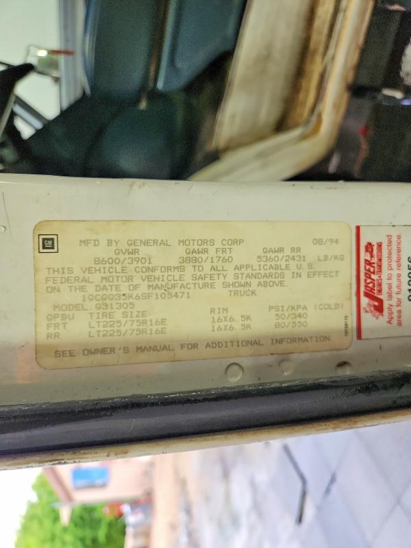 51154186 :رقم المزاد ، 1GCGG35K6SF105471 vin ، 1995 Chevrolet G30 مزاد بيع