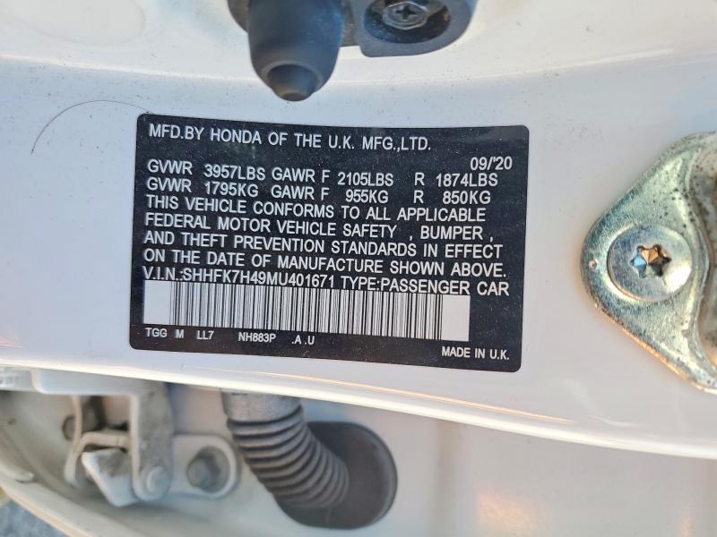 Продаж на аукціоні авто 2021 Honda Civic, vin: SHHFK7H49MU401671, номер лоту: 52311136