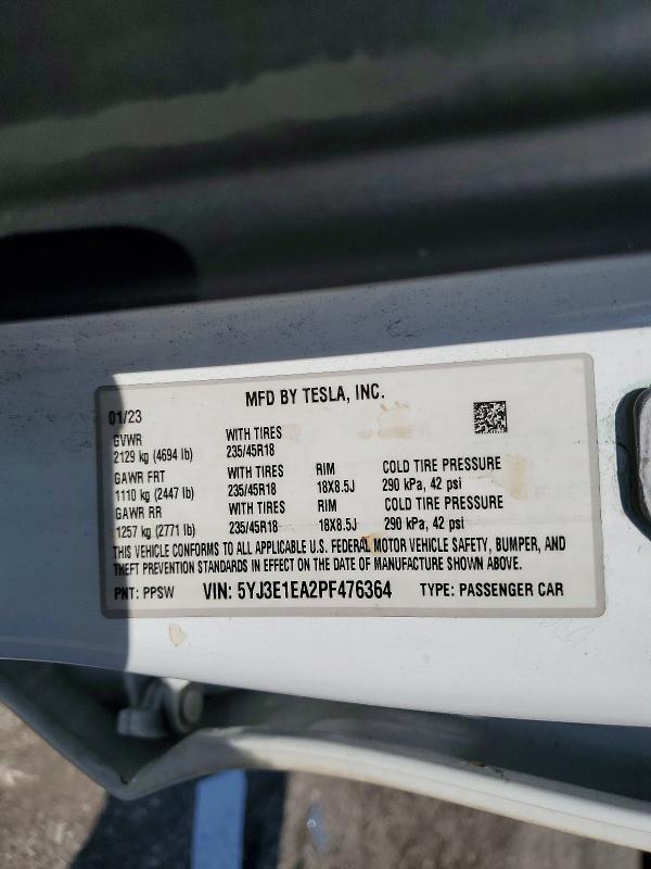 Продажа на аукционе авто 2023 Tesla Model 3, vin: 5YJ3E1EA2PF476364, номер лота: 52716166