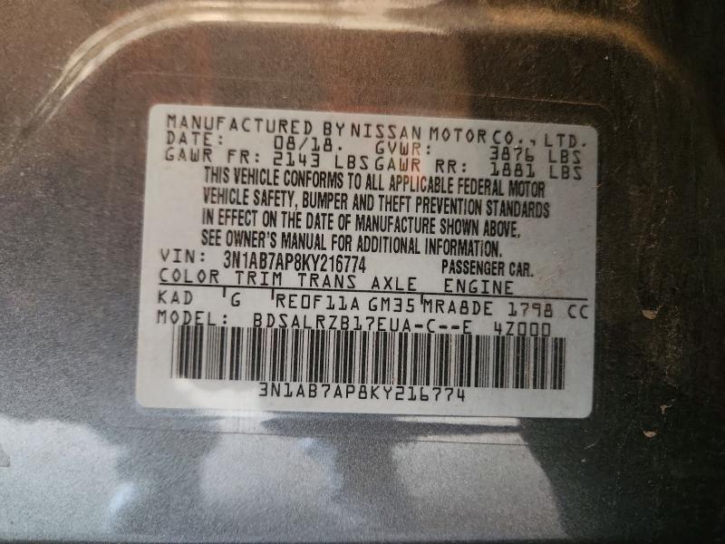 Auction sale of the 2019 Nissan Sentra, vin: 3N1AB7AP8KY216774, lot number: 55621916